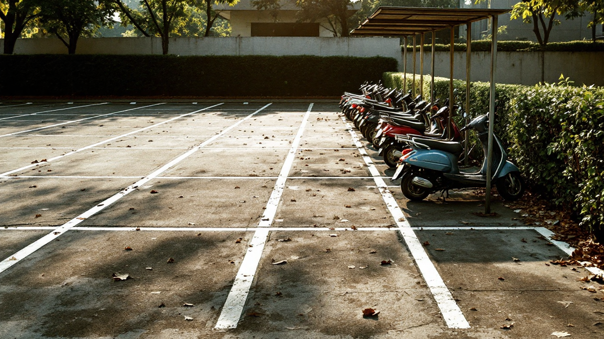 A half emptied staff scooter park at an Indian office campus, vacant bays dominating the frame