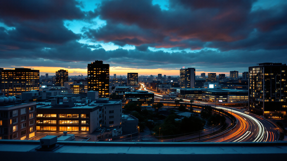 Business district at dusk from a rooftop