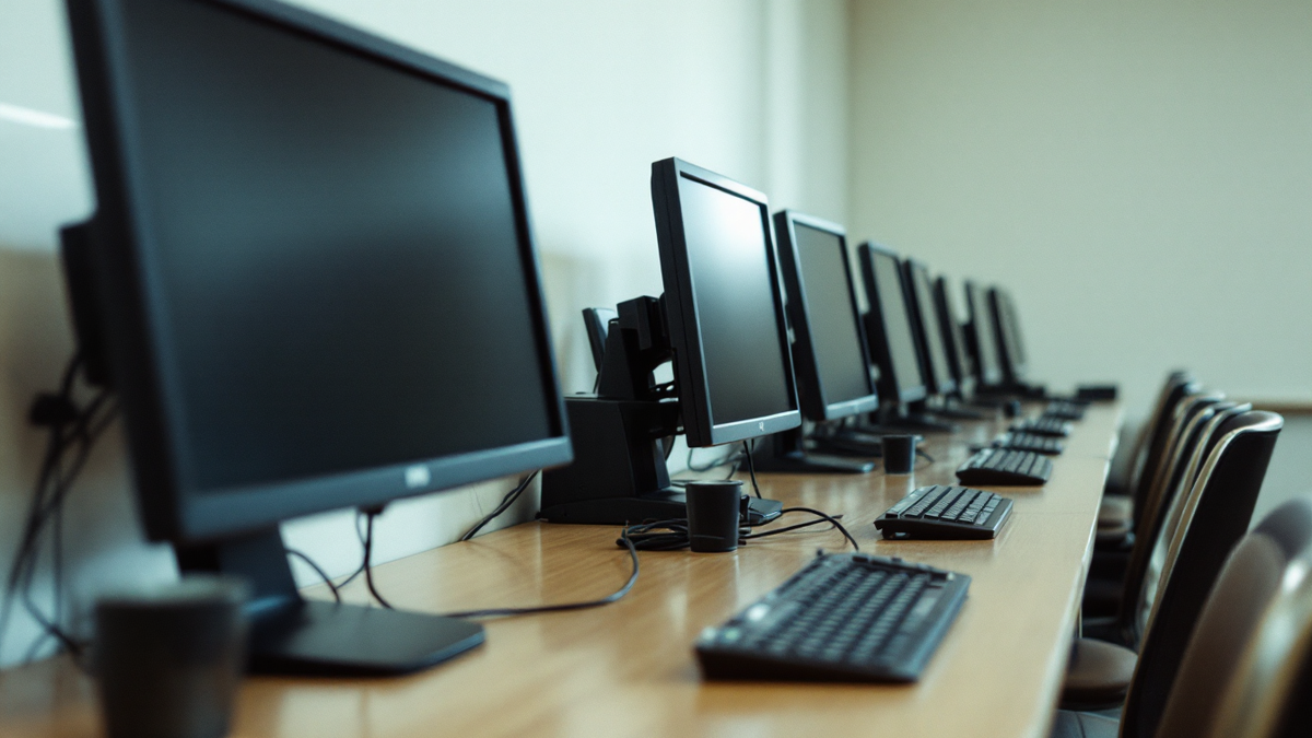 A college computer training lab before opening, screens off