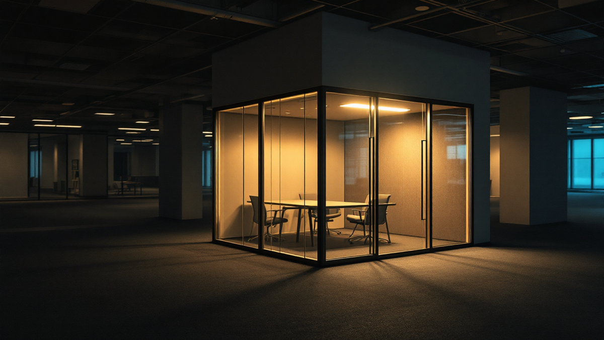 A lit glass meeting room seen across a dark office floor at night