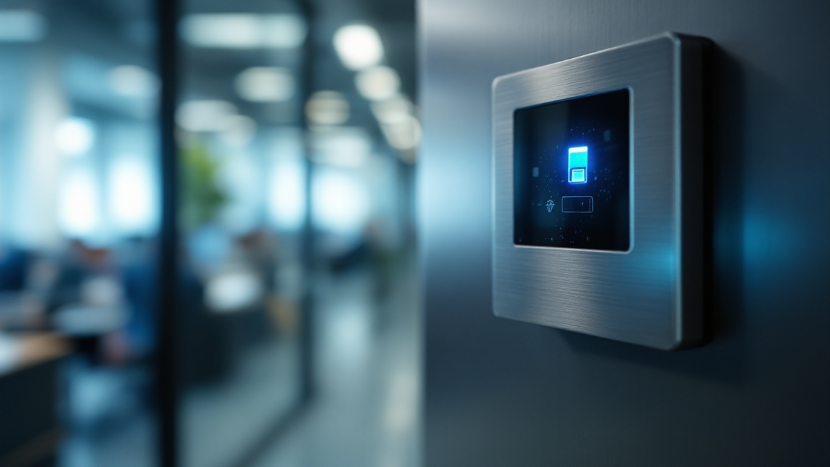 Access control reader beside a glass office door