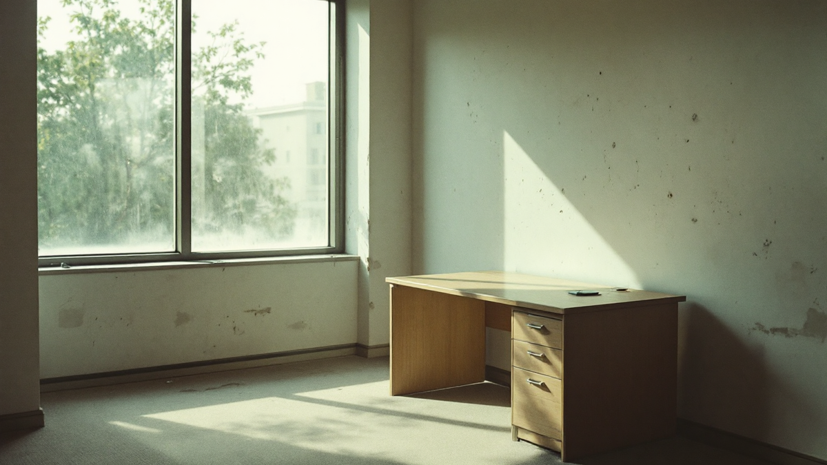 One scuffed desk left in an emptied office
