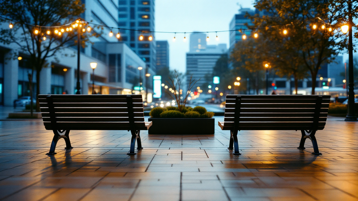 Two empty benches in a city plaza at dusk