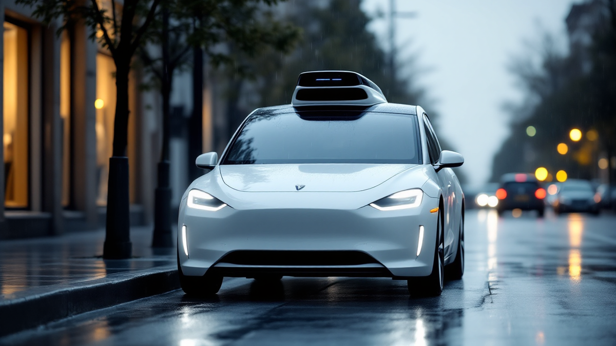 An unmarked self-driving car with a roof lidar pod at a city kerb at dawn
