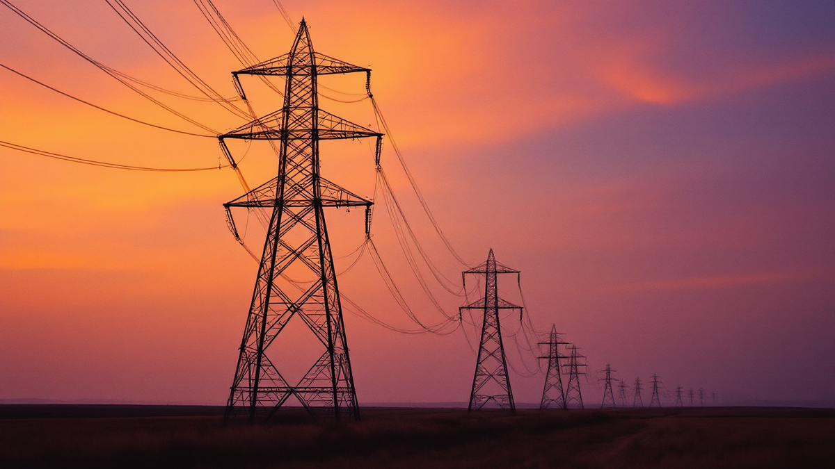 Transmission pylons across open ground at dusk
