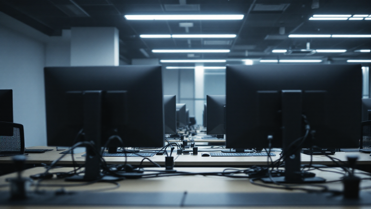 An empty bank trading floor desk bank with monitors dark