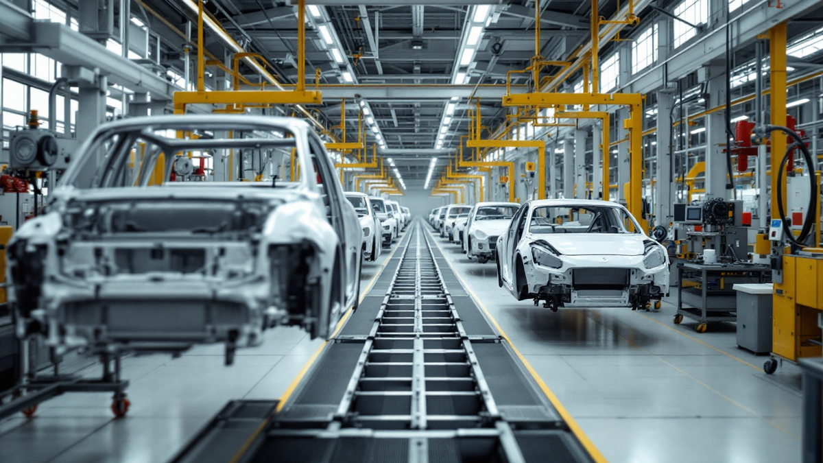 A halted car assembly line with bare body shells on the conveyor