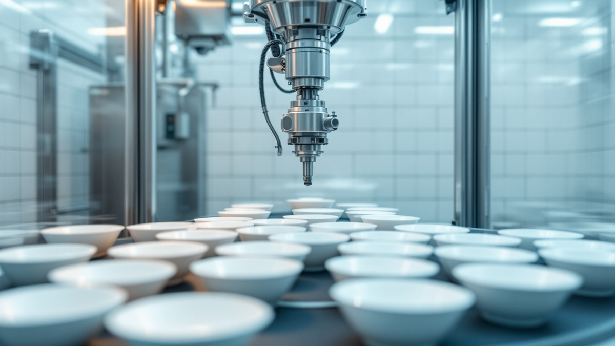 A robotic food assembly cell above a stainless conveyor