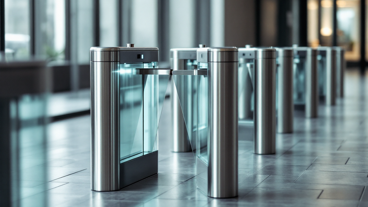 Waist height security turnstiles at a building entrance