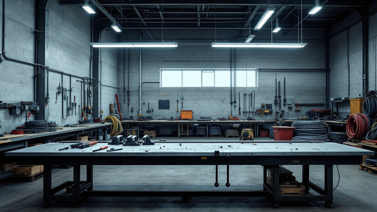 An industrial training workshop with conduit benders and workbenches