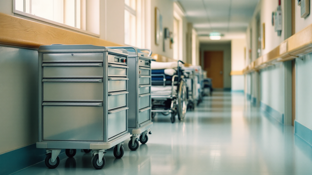 Medication and linen trolleys parked in a hospital ward corridor