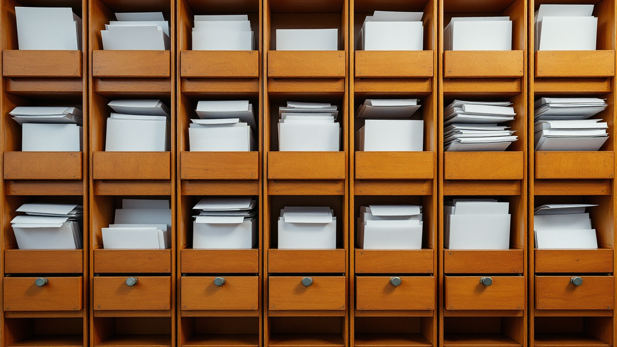 A wall of internal mail pigeonholes holding blank documents