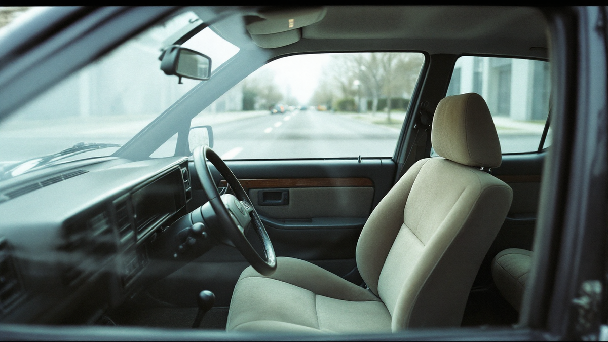 An empty driver seat and steering wheel seen from the rear of a car