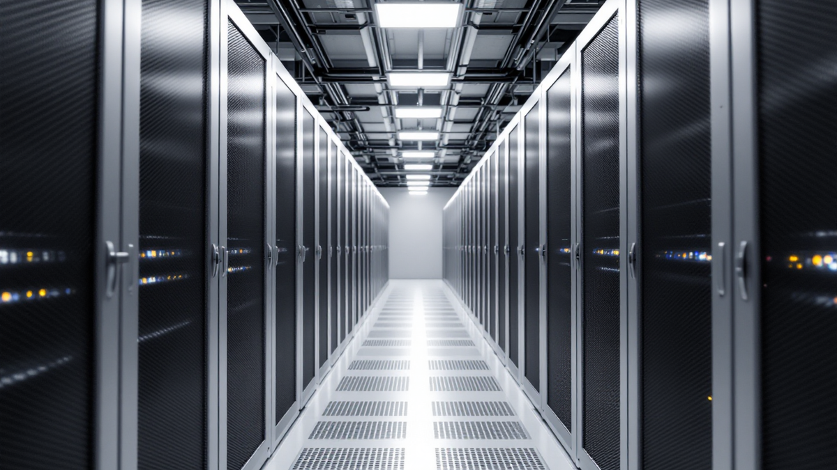 A cold aisle between server racks in a data centre