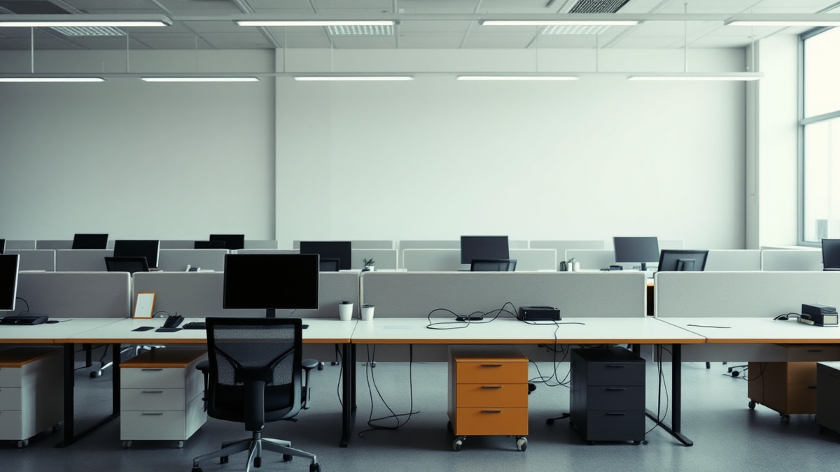 An open plan office where several workstations have been stripped bare