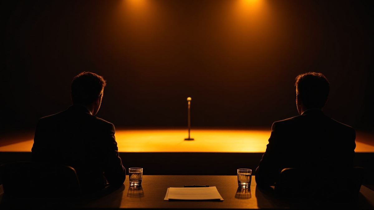 Two judges in silhouette from behind at a panel table facing a lit stage with a single microphone stand