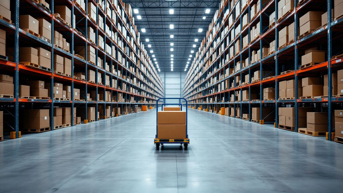A high bay warehouse pick aisle with an empty pick trolley