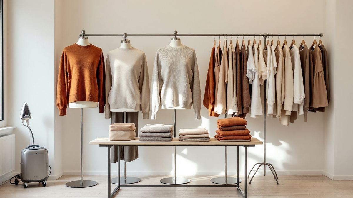 A retail merchandising bench with headless dress forms and folded knitwear
