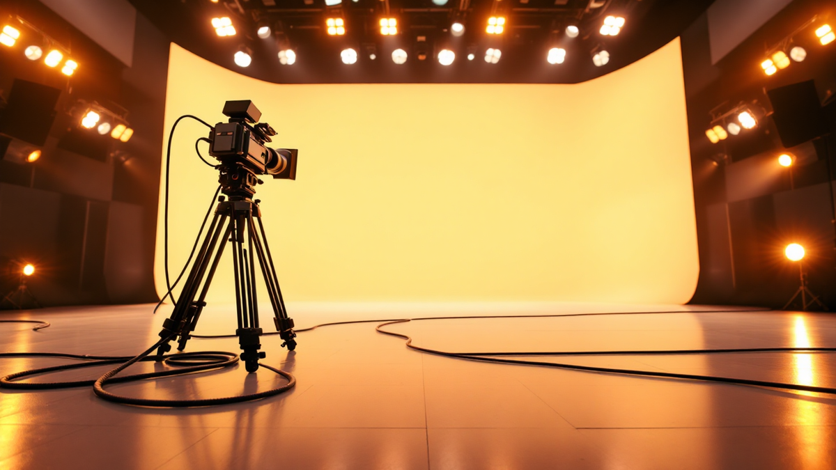 An empty television studio floor with a single broadcast camera pedestal and an overhead lighting grid