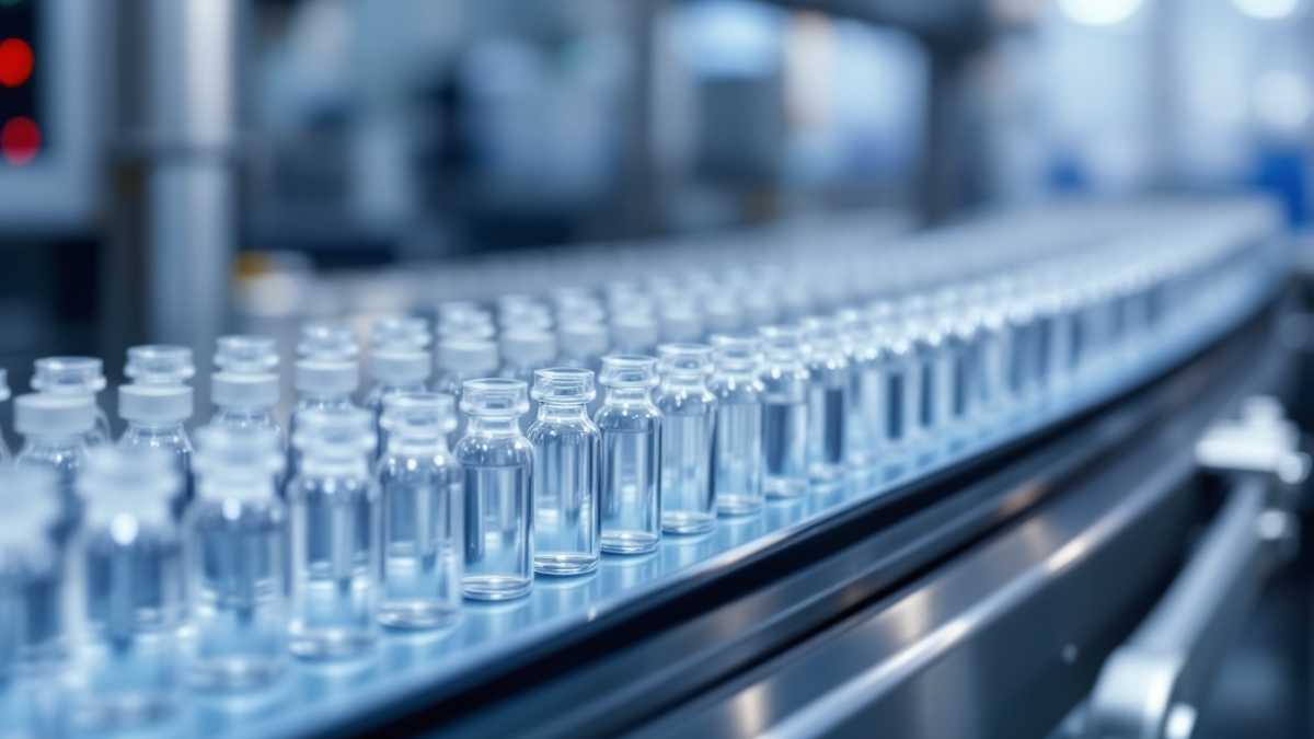 Rows of clear glass vials travelling along a stainless steel pharmaceutical filling line