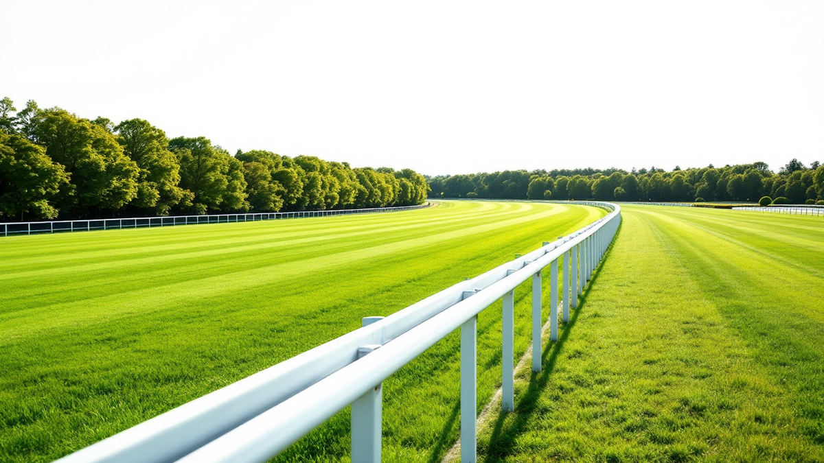A white running rail beside deep green turf on a racecourse in bright summer sunlight