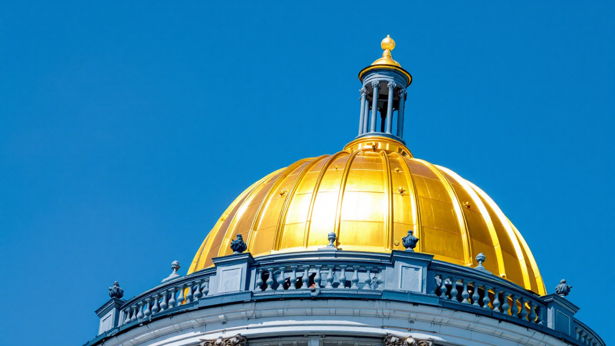 A gilded civic dome and lantern against a clear blue sky