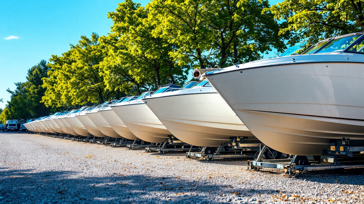 A row of white motorboats on trailers in a sunlit storage yard