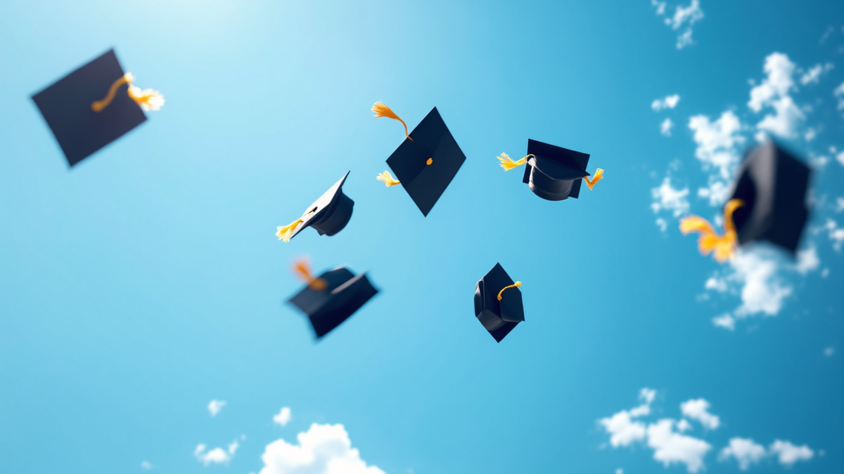 Graduation mortarboard caps with gold tassels thrown high against a clear blue sky