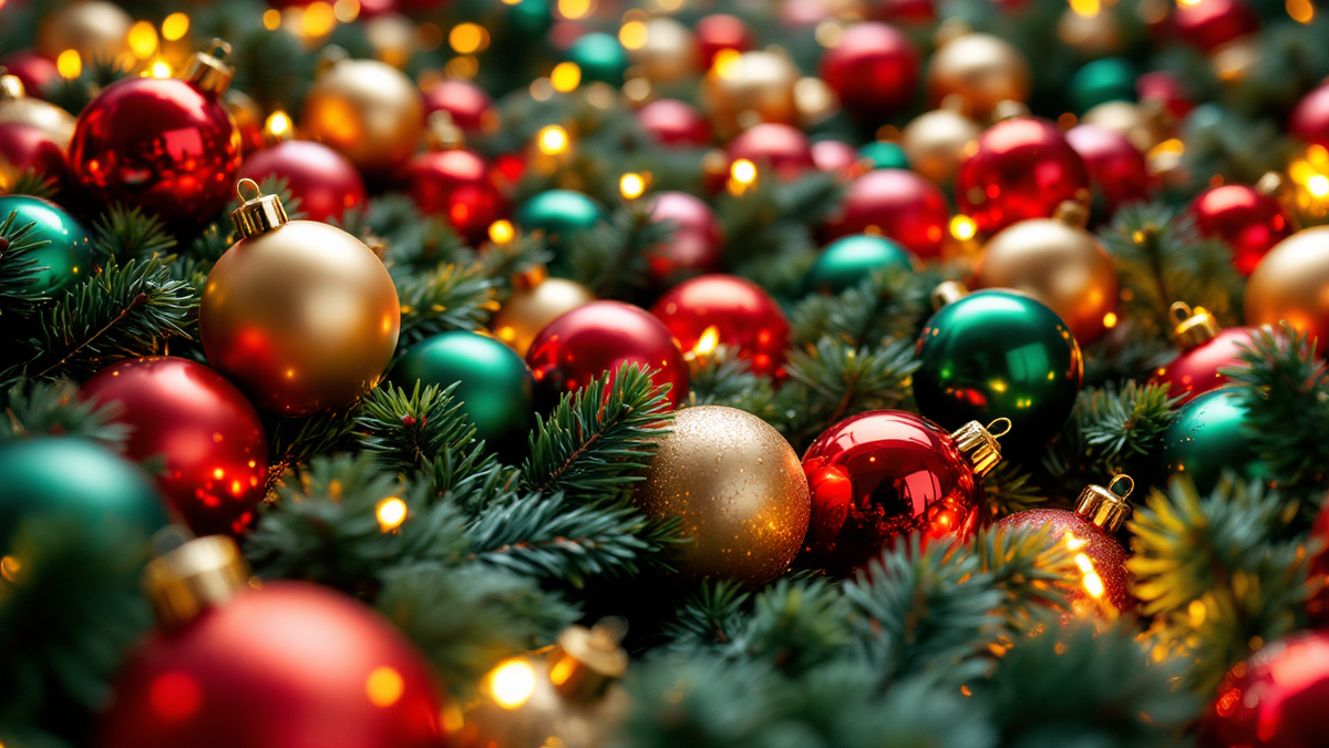 Massed red, gold and green Christmas baubles and pine garland