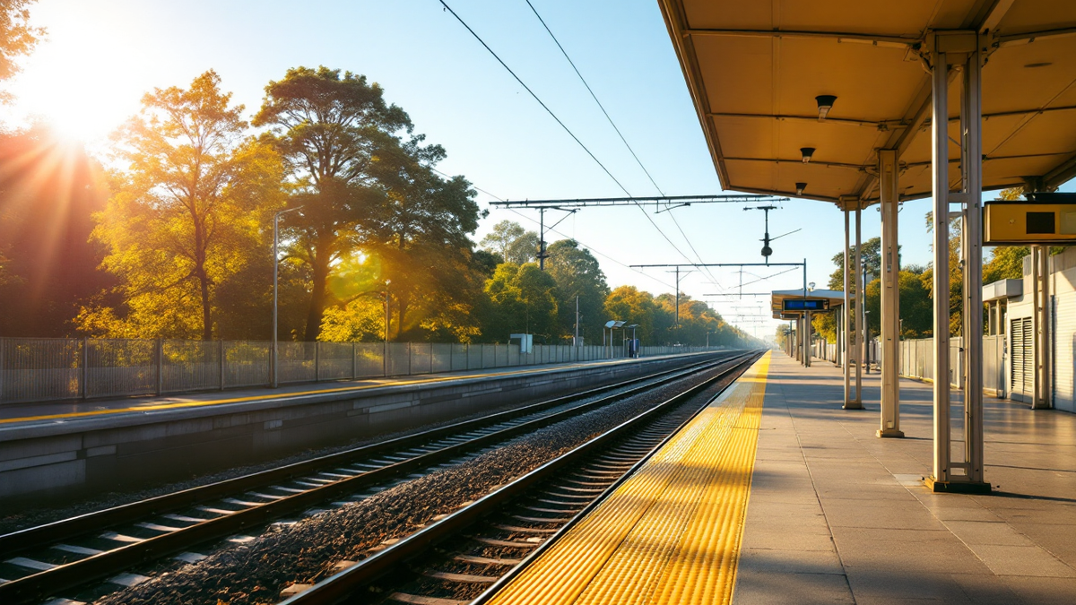 An empty commuter railway platform and track in bright morning sunlight
