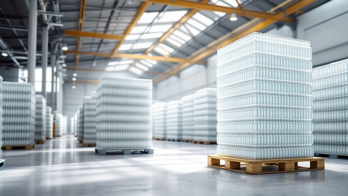 Pallets of finished clear glass containers stacked in a bright factory warehouse