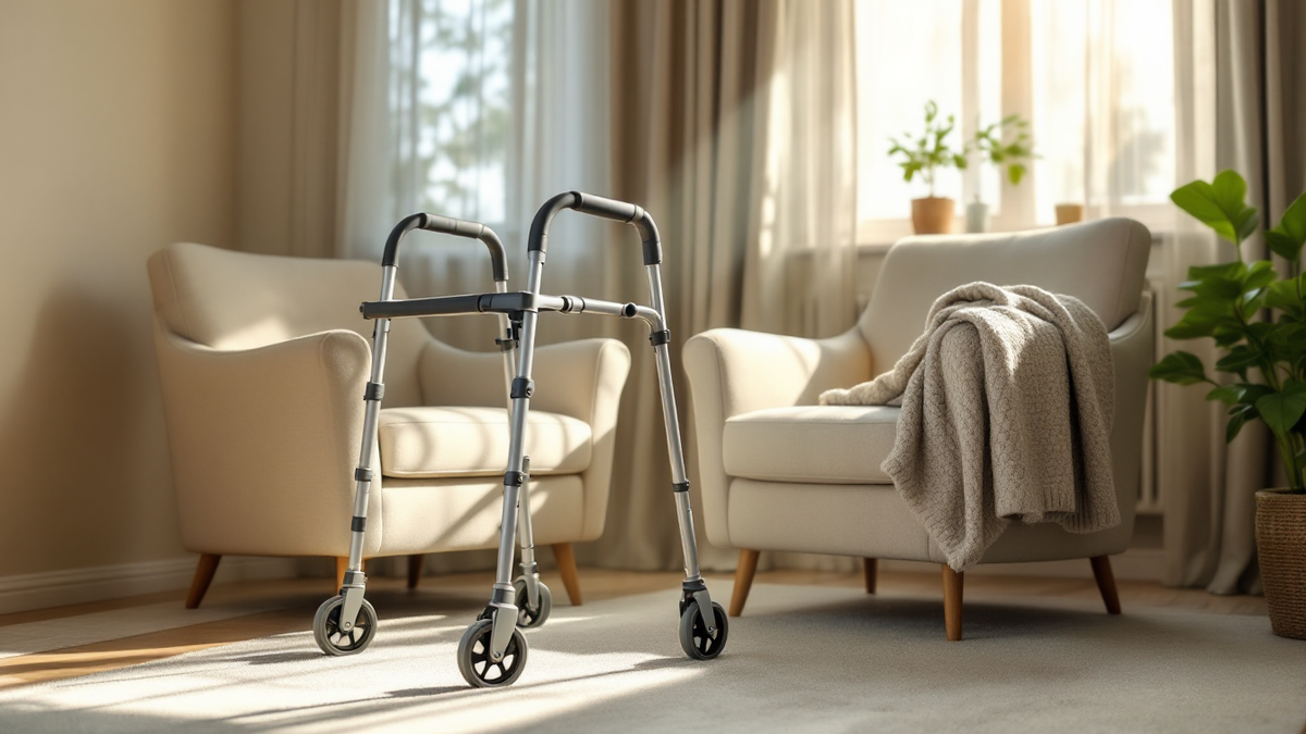 A wheeled walking frame beside an armchair in a sunlit living room