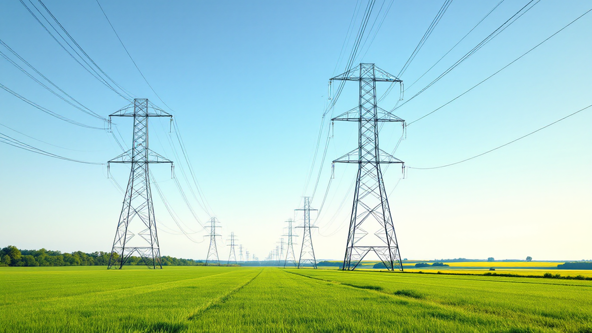 Steel lattice electricity transmission towers and conductors across open green farmland