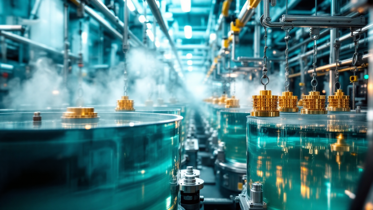 A row of industrial electroplating tanks with hanging racks of metal components