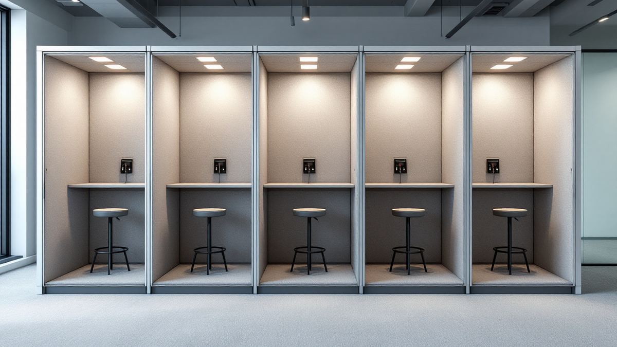 A row of empty soundproof phone booths with stools inside an open office