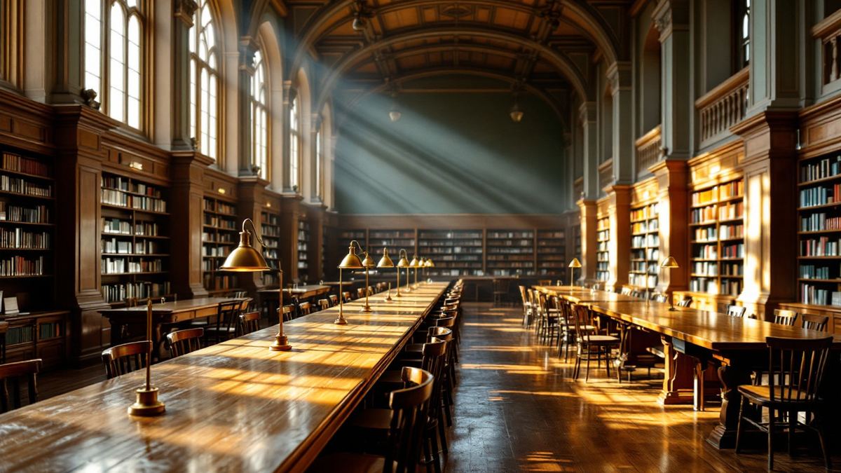A university library reading room with long wooden tables and brass reading lamps