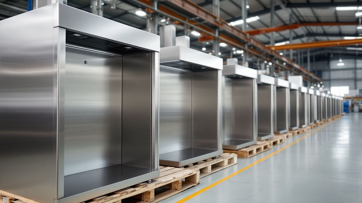 Finished stainless steel extractor hoods lined up on pallets on a factory floor