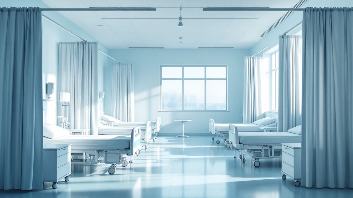 A hospital ward bay with four empty made beds and privacy curtain rails