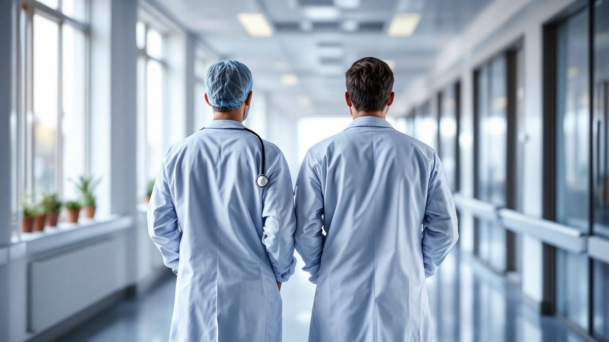 Two doctors in white coats seen from behind in a bright hospital corridor