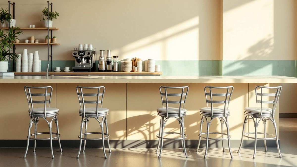 Empty counter stools along a diner counter with a coffee machine behind