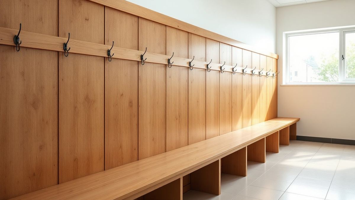 A staff cloakroom with a long run of empty coat hooks above a wooden bench