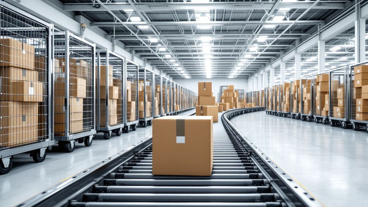 Rows of empty wheeled parcel cages beside a still conveyor in a sortation hall