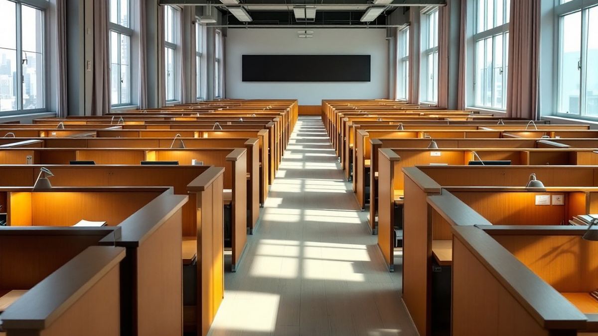 Rows of empty individual study carrels with task lamps in a study hall