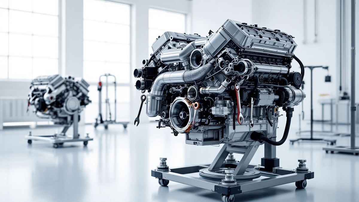 A hybrid V8 car engine on an assembly stand in a bright engine build hall