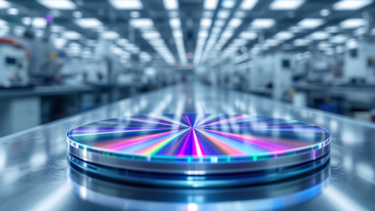 A 300mm silicon wafer on a bench in a brightly lit semiconductor cleanroom