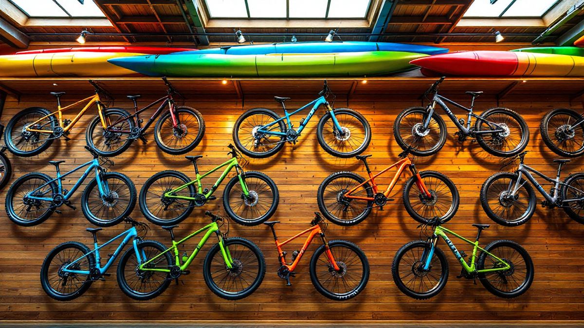 A wooden wall of new mountain bikes beneath colourful kayaks in a sporting goods store