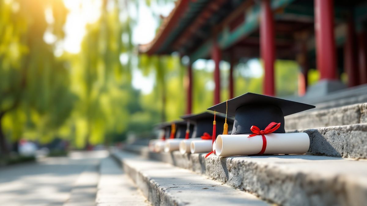 Graduation caps and diplomas tied with red ribbon on the stone steps of a Chinese campus