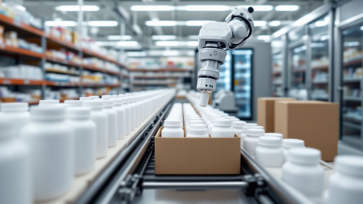 Prescription bottles on a pharmacy fulfilment conveyor with a robotic arm
