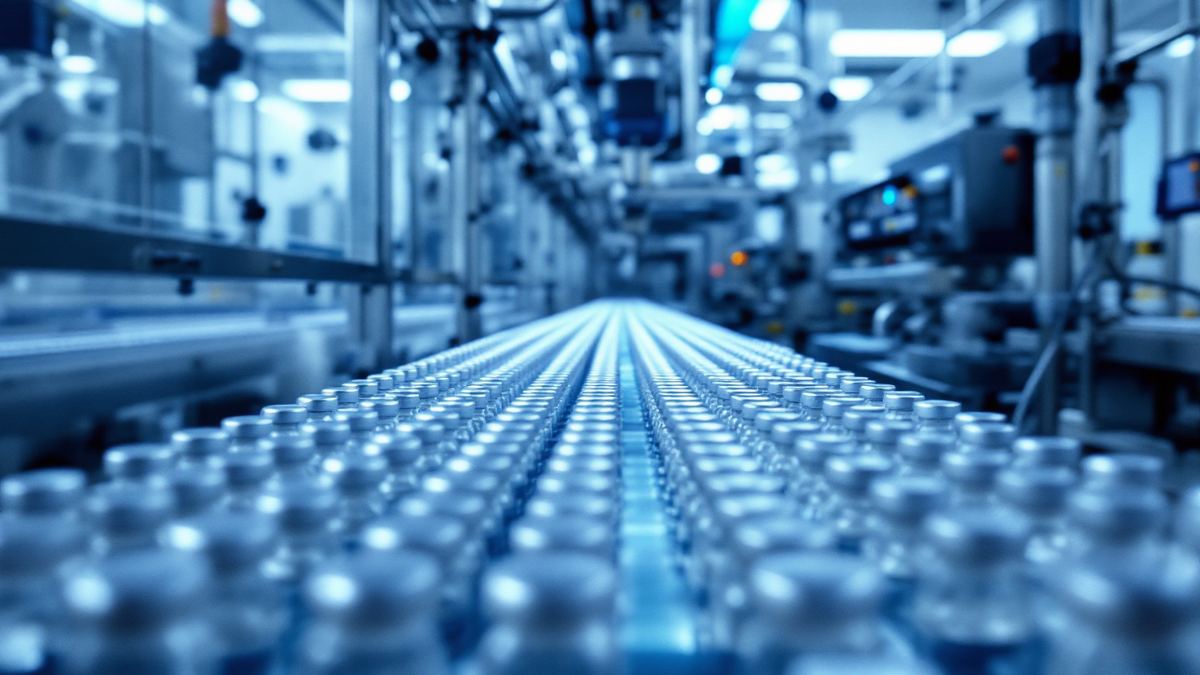 Glass vaccine vials moving along a stainless steel filling line