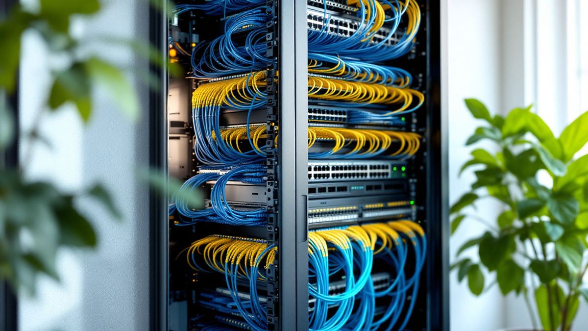 An open network cabinet with blue and yellow patch cables in daylight